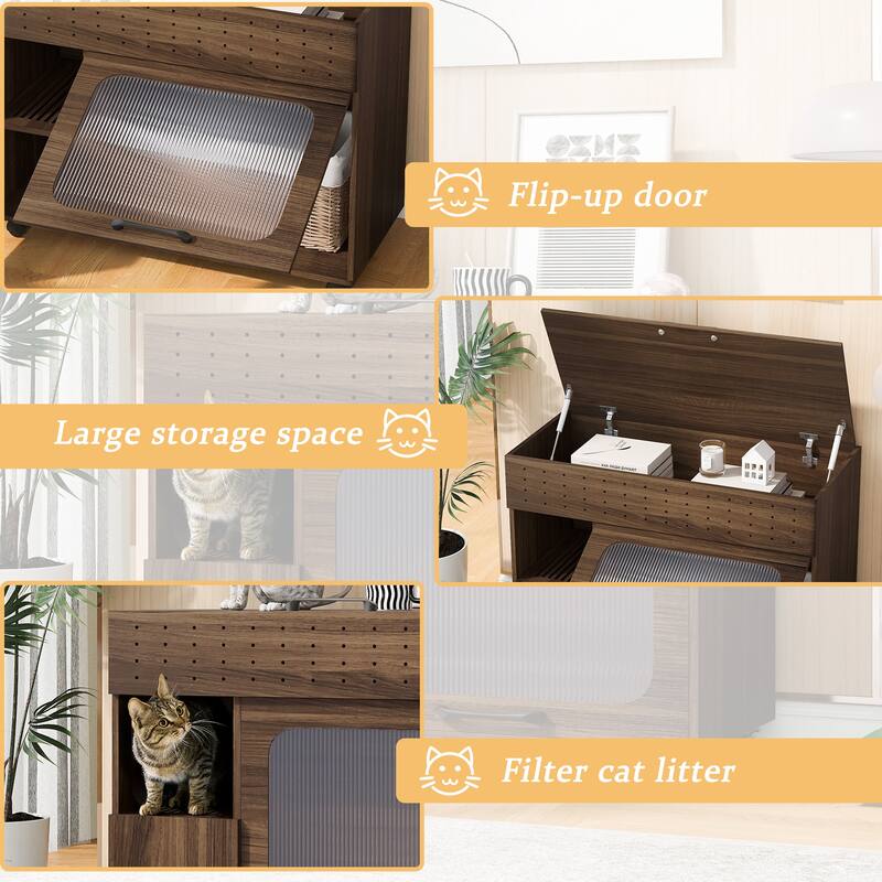 2-in-1 Cat Litter Box Enclosure Walnut Side Table, Modern Storage Cabinet with Hidden Litter Area & Wheels for Living Room
