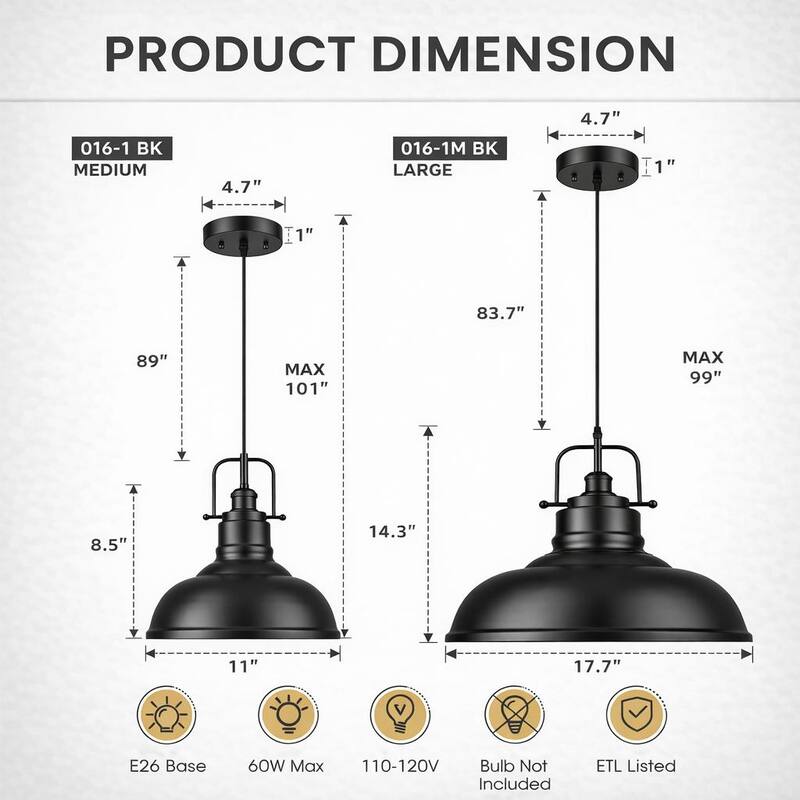 1-Light Industrial Farmhouse Metal Dome Pendant Light, Oil Rubbed Bronze Finish