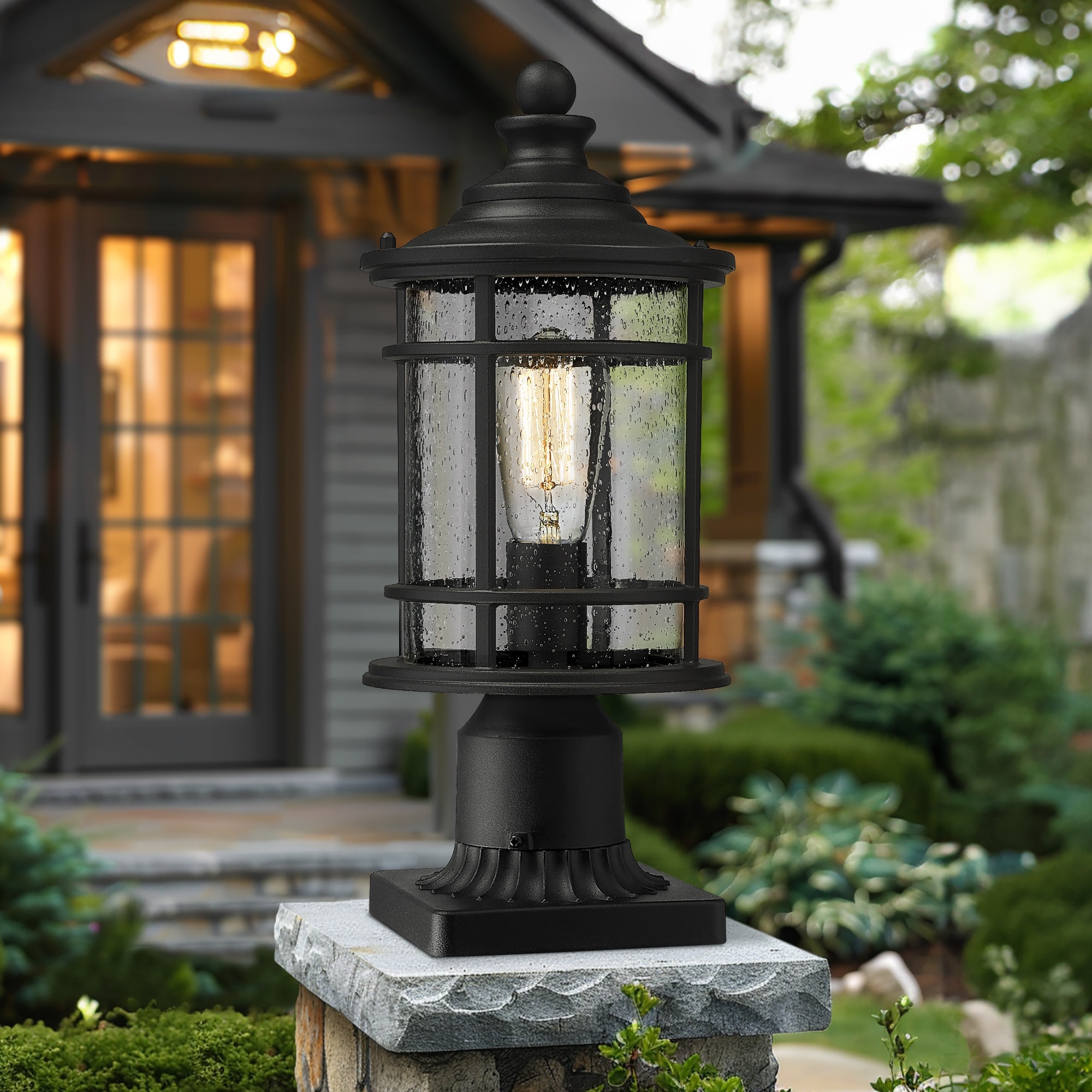 Outdoor Post Light Fixtures, 15 Inch Farmhouse Modern Lamp Post Lighting, Black Finish with Seeded Glass