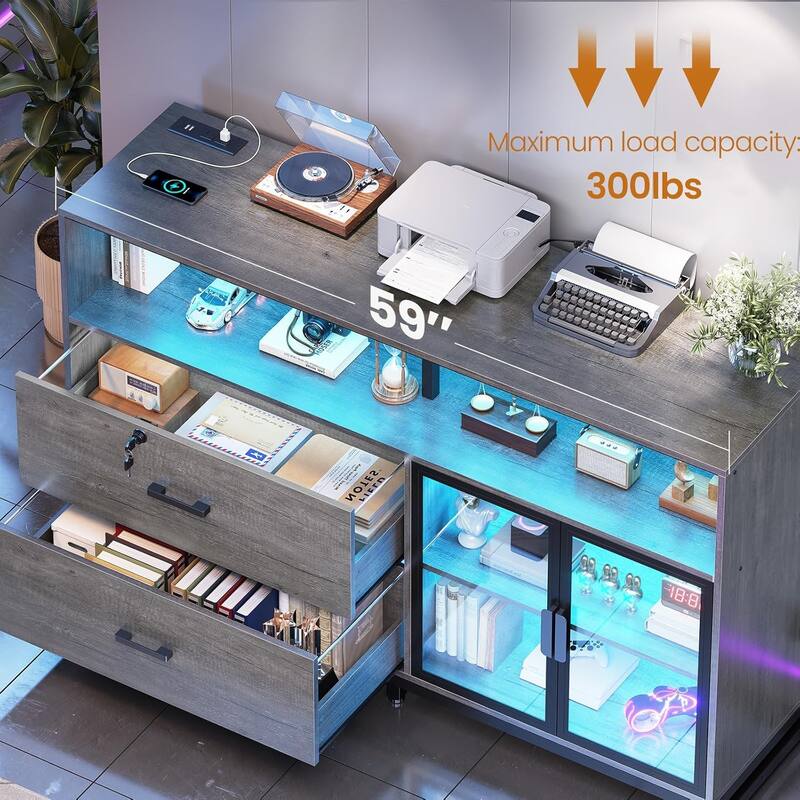 59" LED File Cabinet 2 Drawers Filing Cabinets Legal/Letter/A4 File