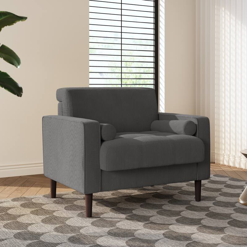 Modern Upholstered Corduroy Wide Armchair with Bolster Pillows - Grey