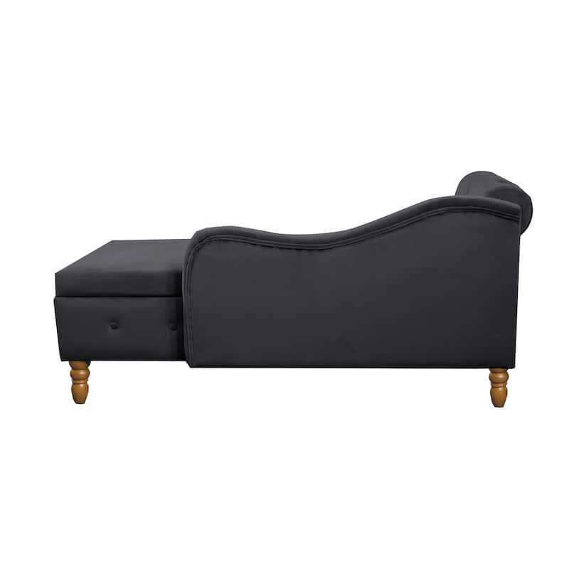 Black Modern 58.26" Velvet Upholstered Buttons Tufted Chaise Lounge Chair with Storage and Wood Legs
