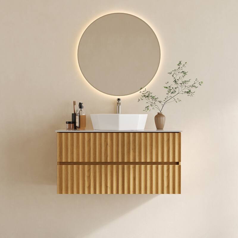 35.43" Floading Single Bathroom Vanities, With 2 Drawers, Glossy Sintered Stone Top, Light Wood