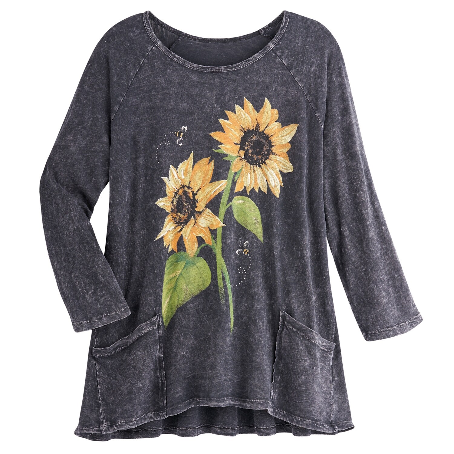 Shop Jess Jane Women S Sunflowers Tunic Top Gray Raglan Sleeve