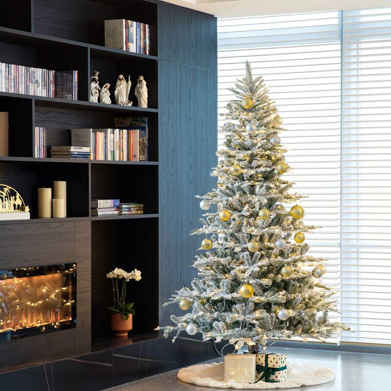 Glitzhome 8FT/10FT Pre-Lit Flocked Fir Artificial Christmas Tree with Warm White Lights
