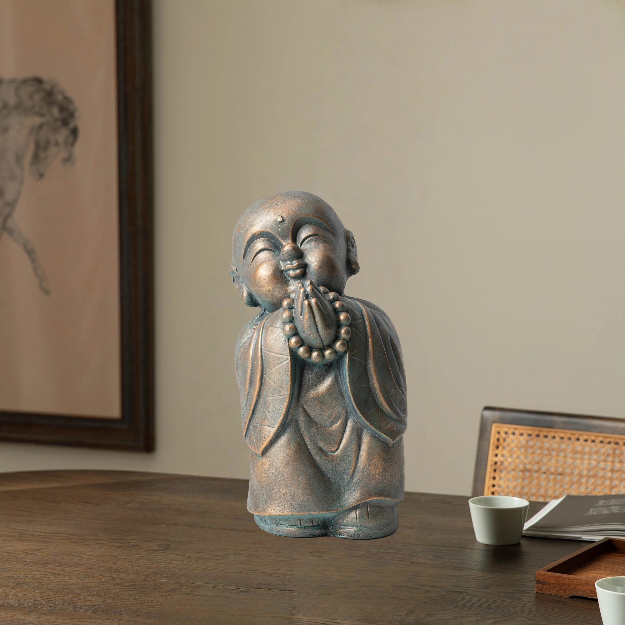 Glitzhome MGO Faux Bronze Buddha Garden Statue Monk Sculpture