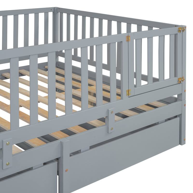 Full Size Wood Daybed with Fence Guardrails and 2 Drawers, Converts to Floor Bed or Daybed, Gray
