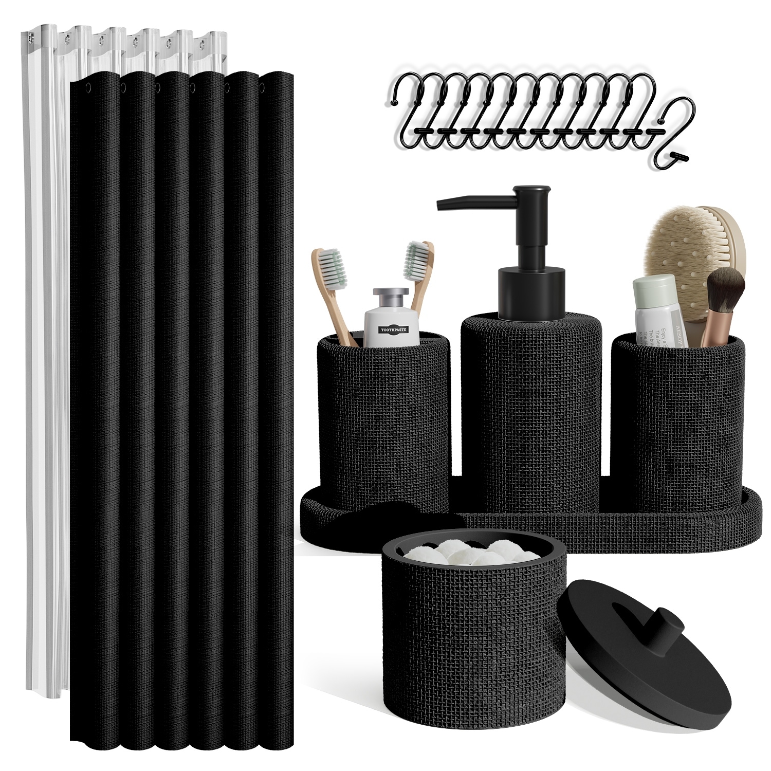 Empyrean Complete Bathroom Accessories Set Shower Curtain, Bath Rugs & Shower Caddies
