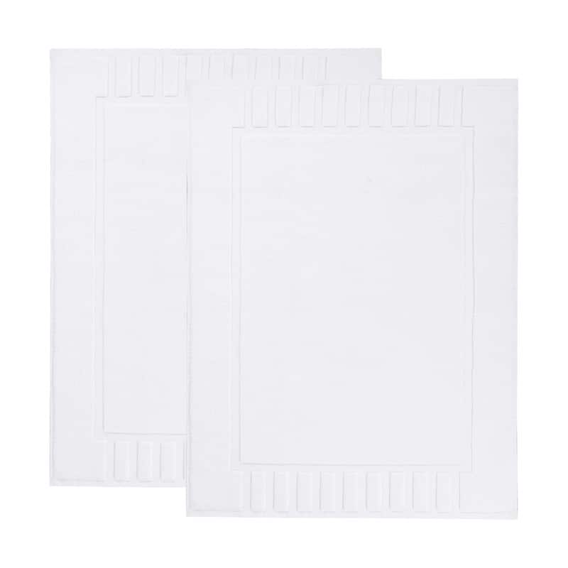 Blue Nile Mills 100% Cotton Solid Modern Geometric Border Absorbent Heavy Washable Bath Mats, Set of 2 - White