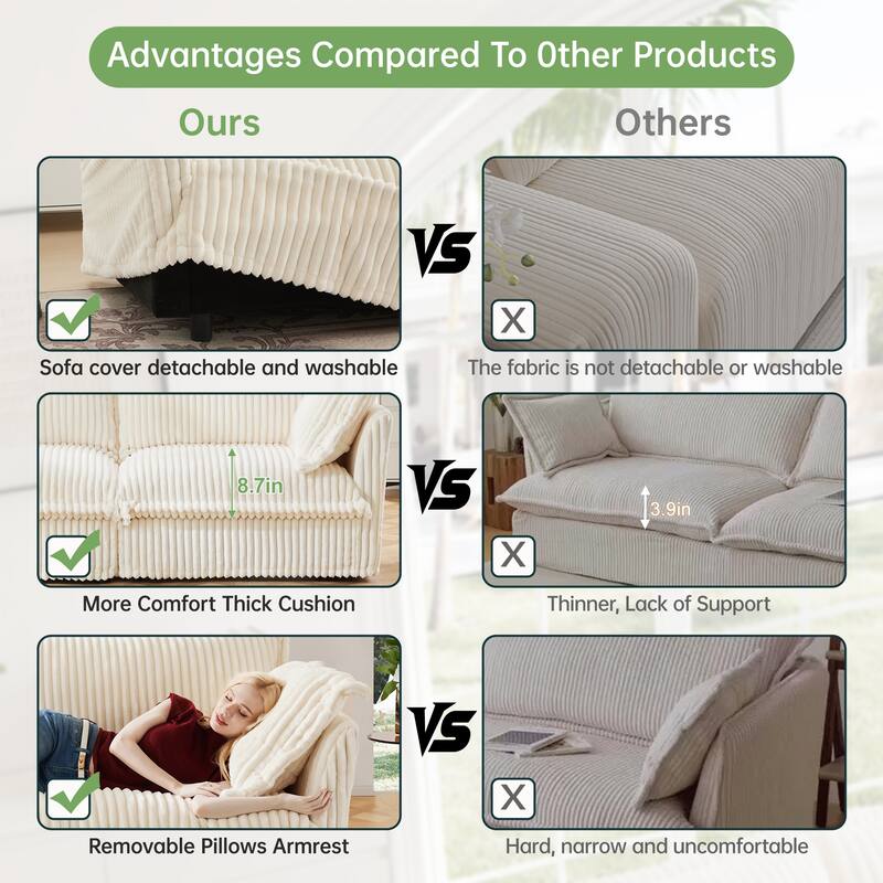 Corduroy Upholstered Armchair with Washable Covers, Deep Seat Single Couch Chair with Large Pillows, Small Space Reading Chair