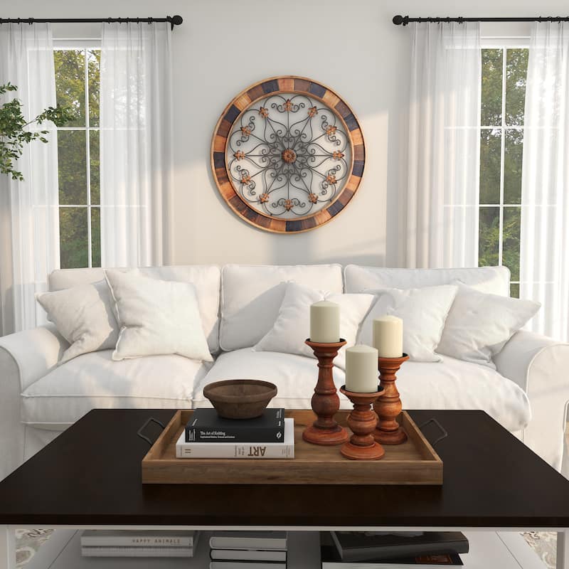 Brown Wood Medallion Scroll Home Wall Decor with Metal Fleur-De-Lis Detail