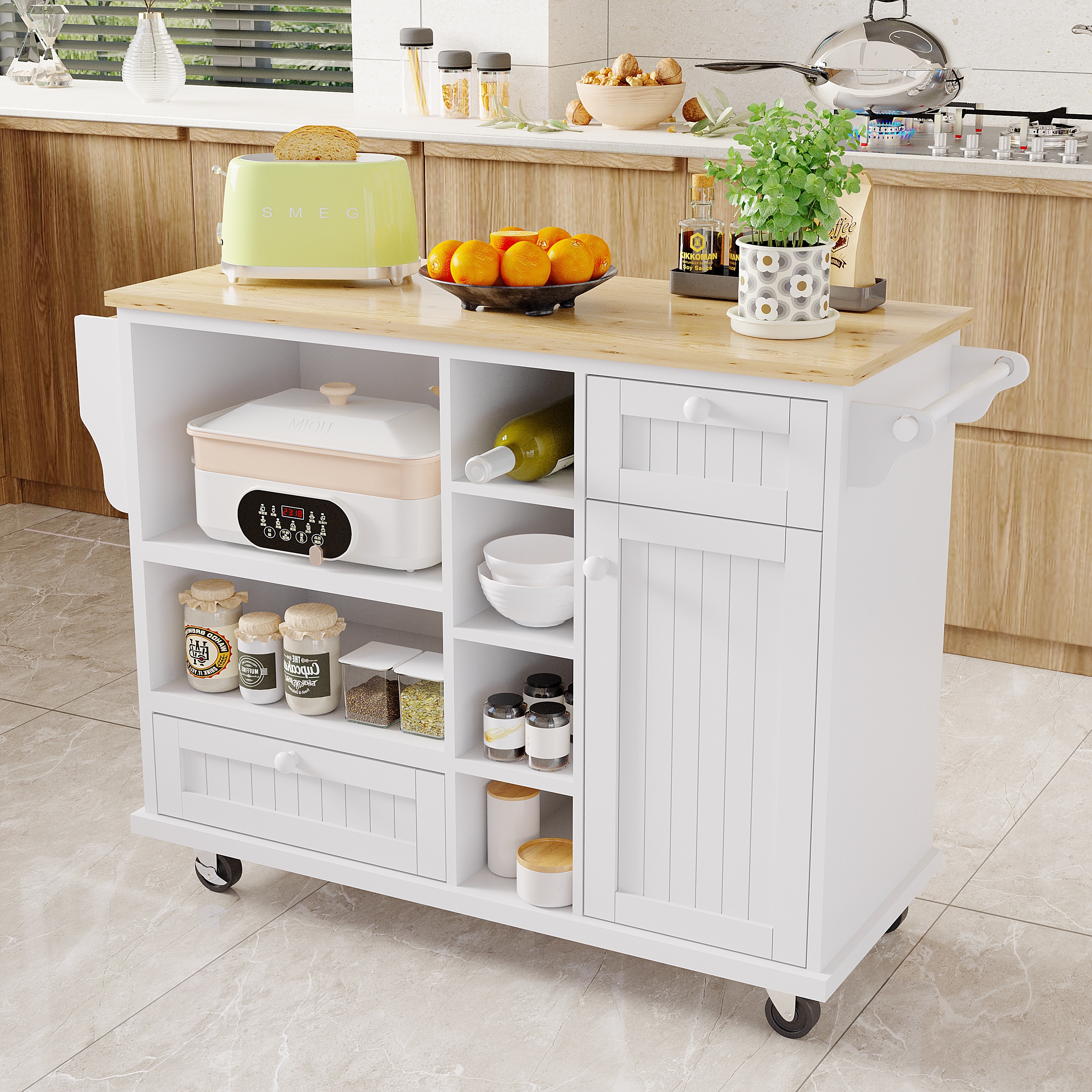 Kitchen Island Cart with Storage and Two Locking Wheels Bed