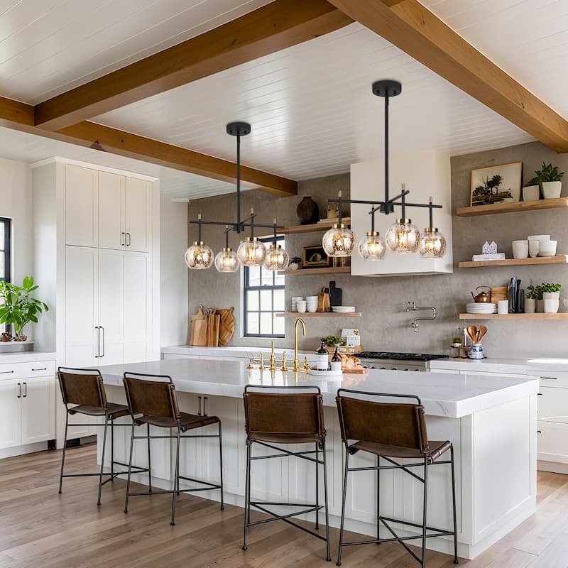 Modern Farmhouse 4-Light Black Gold Chandelier Mercury Glass Pendant Lights for Dining Room - 21" D x 10" H