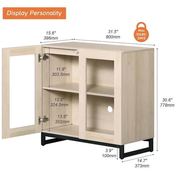 dimension image slide 5 of 10, WAMPAT Multifunctional Sideboard Buffet Cabinets with Glass Doors, Modern Sideboard with Adjustable Shelf, Coffee Bar Cabinet