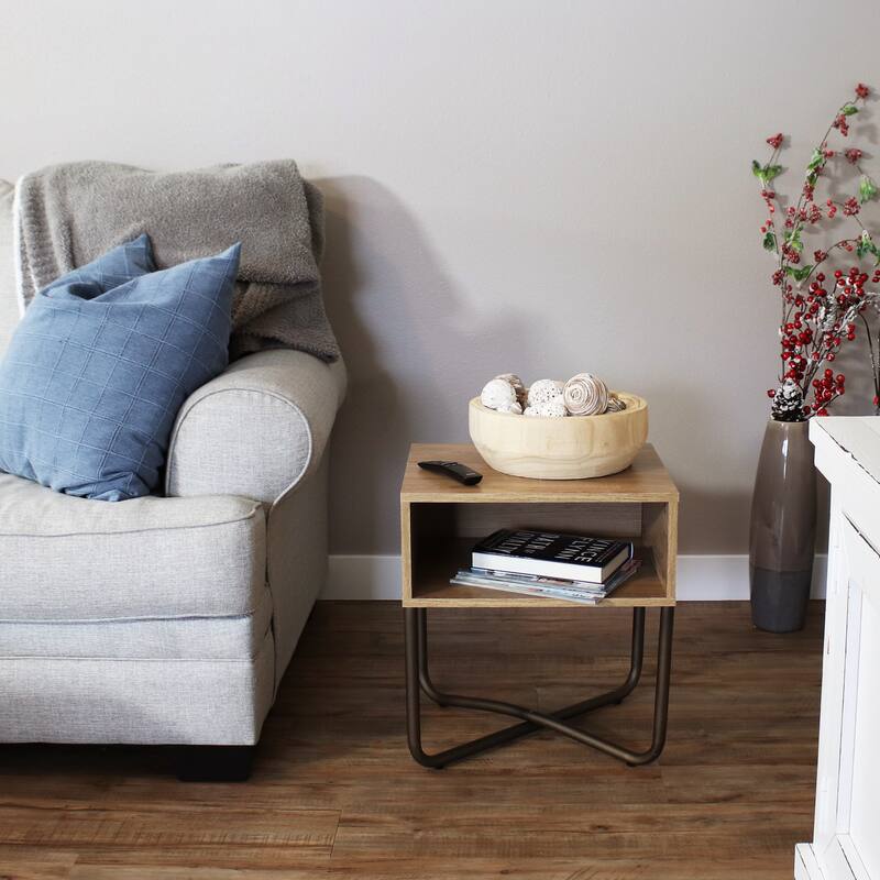 Industrial-Style MDP Side Table with Shelf - Brown - 19.75 in