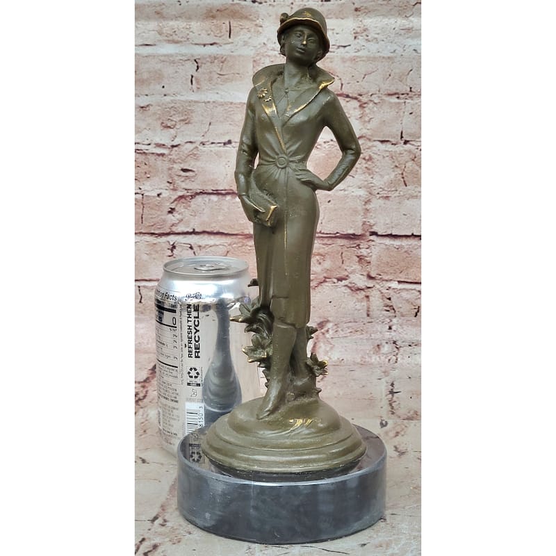 Elegant Art Deco Lady With Hat Bronze Sculpture On Marble Base