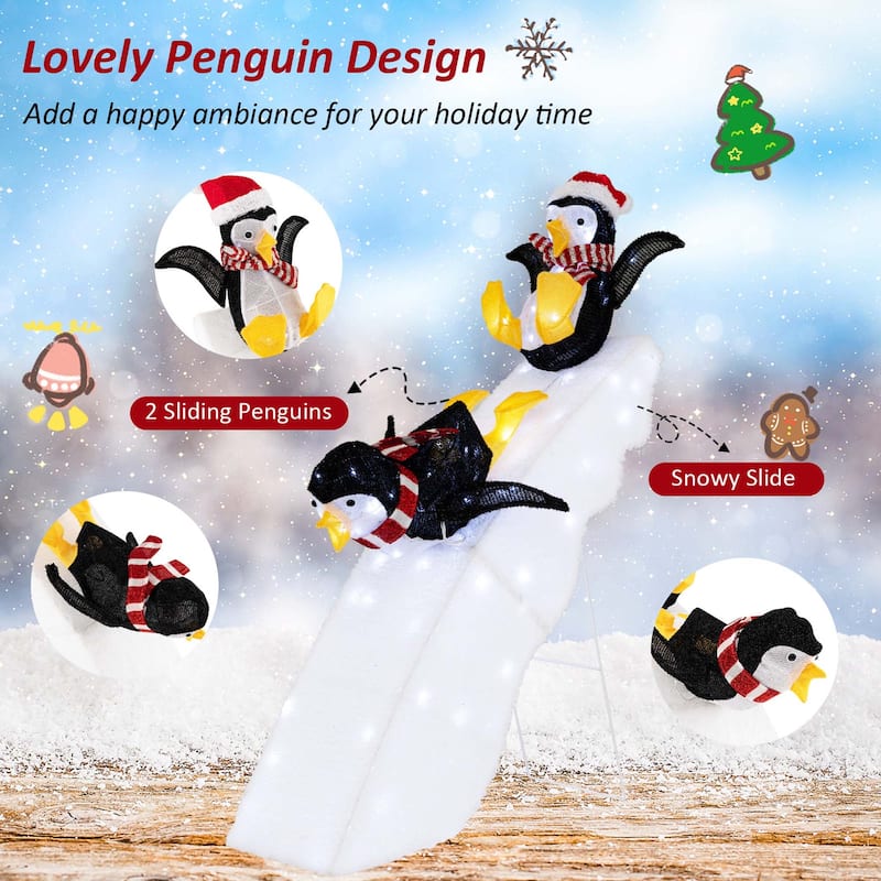 4FT Pre-Lit Christmas Penguin Ice Skating Decoration with Snowy Slide - Black+ White+ Yellow
