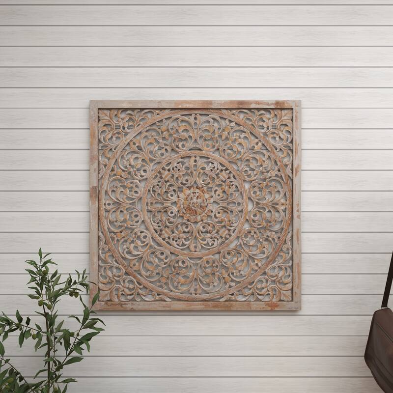 Gray Wooden Handmade Carved Scroll Mandala Floral Home Wall Decor with Brown Distressing