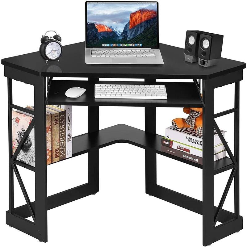 Triangle Wooden Corner Computer Desk with Storage Shelves and Keyboard Tray