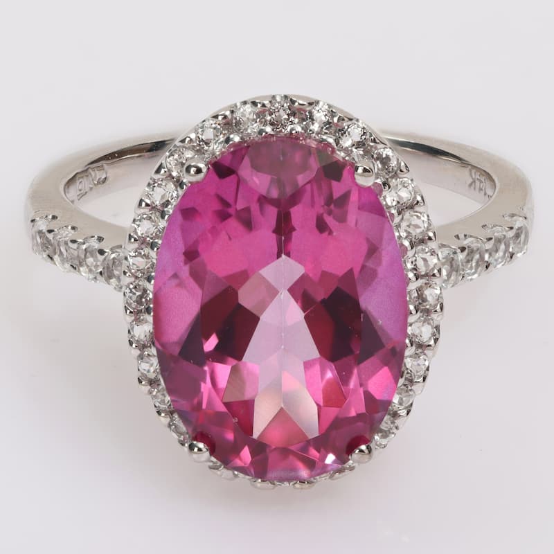 Miadora Oval-cut Pink and White Topaz Halo Cocktail Ring in 14k White Gold