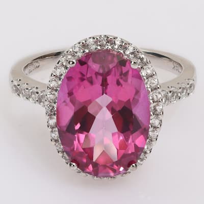 Miadora Oval-cut Pink and White Topaz Halo Cocktail Ring in 14k White Gold