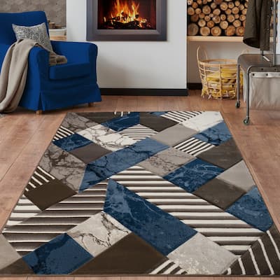 Rhodes Collection Abstract Square Area Rug in Blue/Brown