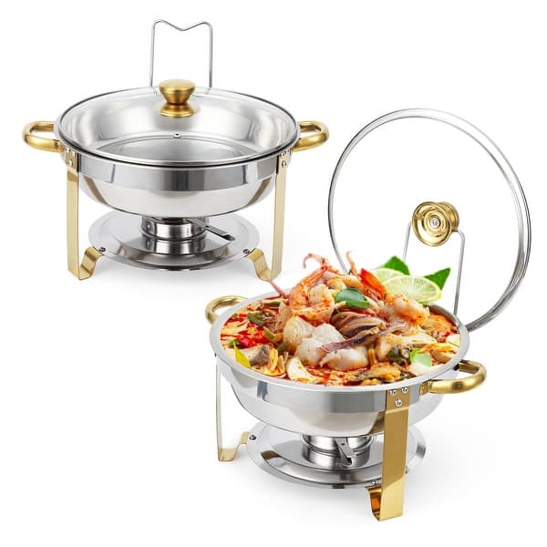 4 Pack / 2 Pack 5 QT Round Chafing Dish Buffet Set with Glass Lid, Stainless Steel - Gold - 2 Pack