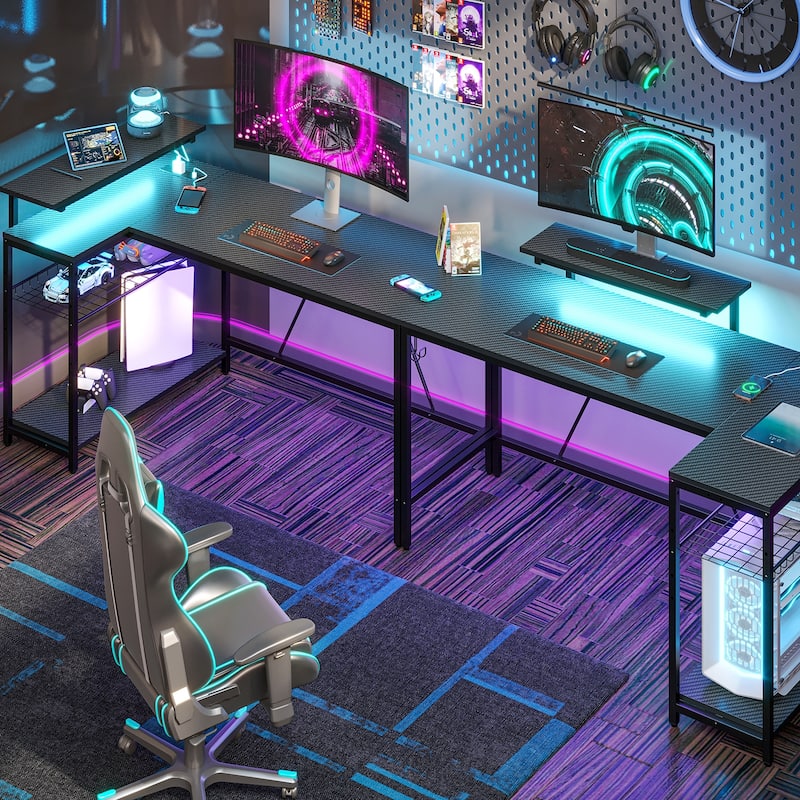 Reversible L Shaped Desk LED Computer Desk with Power Outlets and Monitor Stand Office Desk