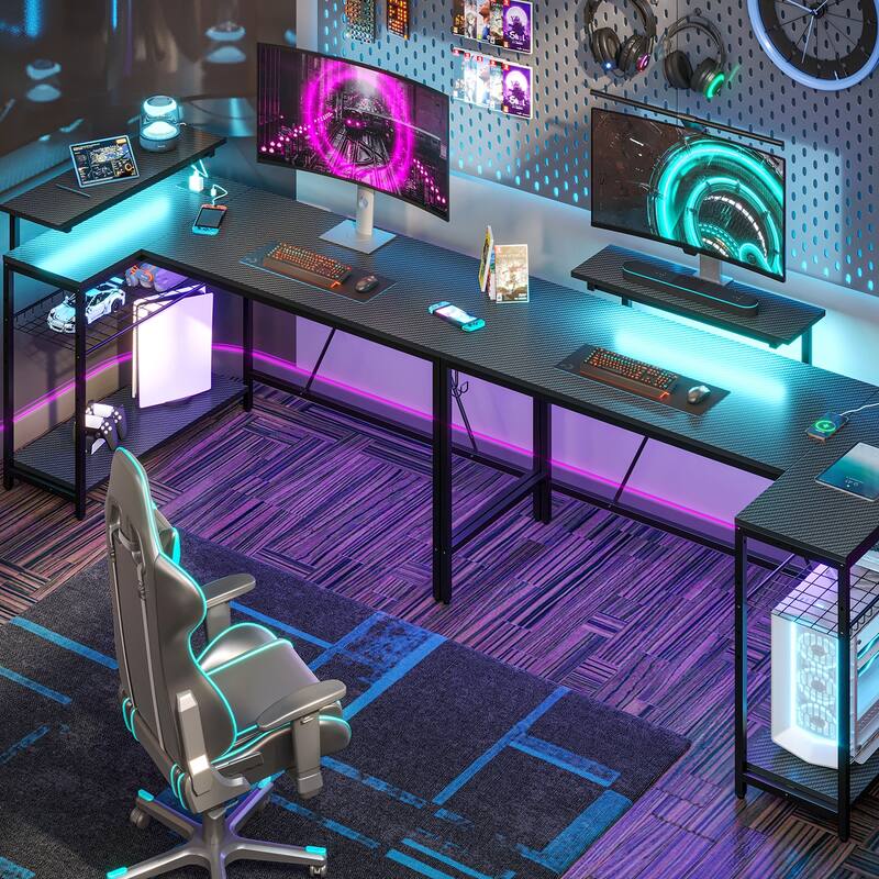 Reversible L Shaped Desk LED Computer Desk with Power Outlets and Monitor Stand Office Desk