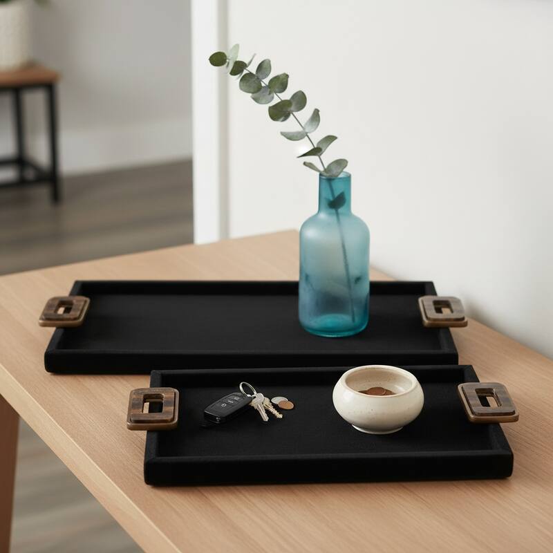 Metal Decorative Trays with Wood Handles - Set of 2 -Black, 16" - 22.0" - Black - 22.0"