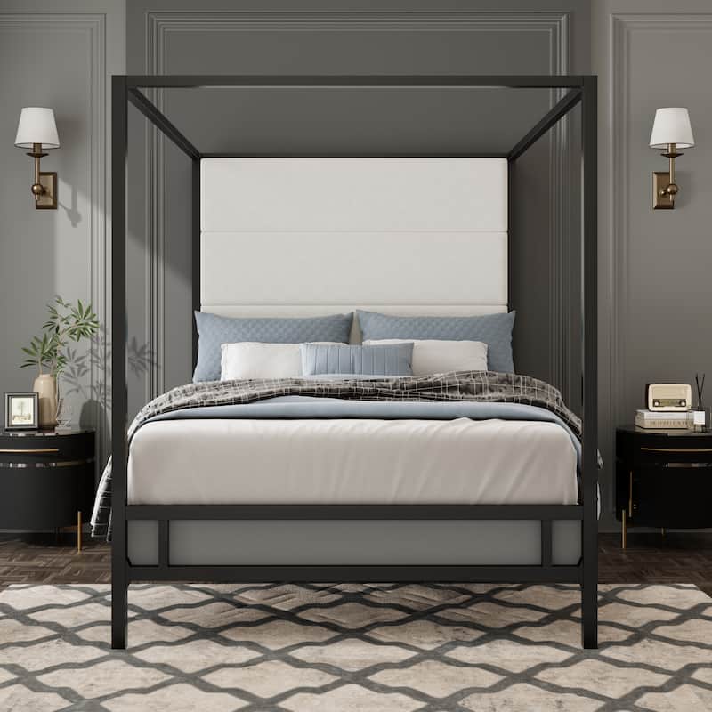Metal 4-Poster Bed Frame Modern Canopy Upholstered Bed with Tall Upholstered Headboard - Black - King