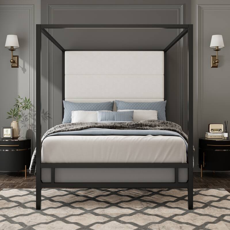 Metal Canopy Bed Frame Modern, King Platform Bed with 76.5" Tall Velvet Fabric Upholstered Headboard, Metal 4-Poster Bed Frame