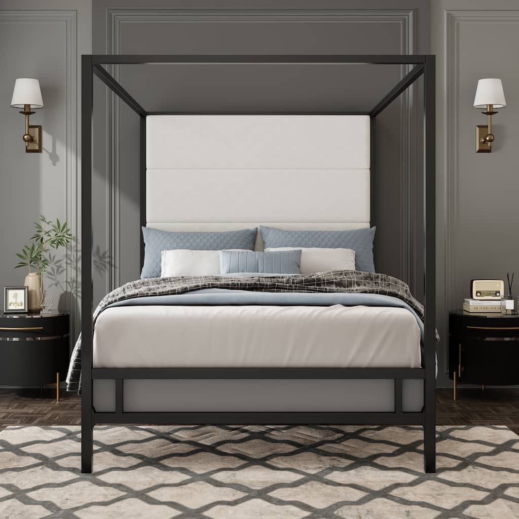 Metal Frame Canopy Bed Four Poster Bed Velvet Fabric Upholstered Headboard Wingback Bed, Modern Low Profile Platform Bed