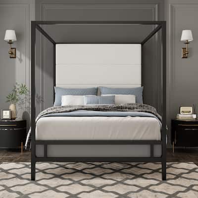Modern Canopy Bed with Tall Velvet Fabric Upholstered Headboard
