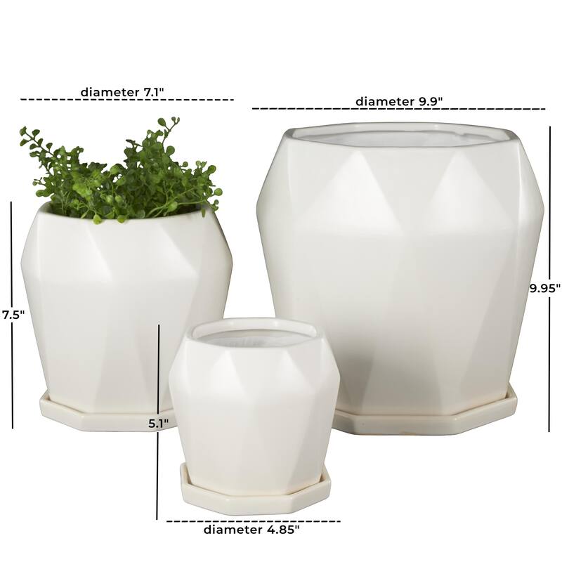 Ceramic Geometric Patterned Indoor Outdoor Planter with Attached Saucer - Set of 3 Black or White- Roche River Decor