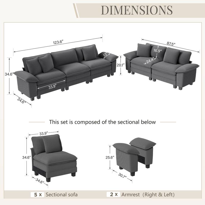 MAISON ARTS 2-Piece Chenille & Corduroy Sofa Set, Comfy 3/4/5-Seater Modular Loveseat & Armchair with Throw Pillows