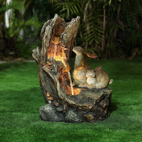 Resin Two Bunnies Tree Stump Outdoor Fountain with LED Lights