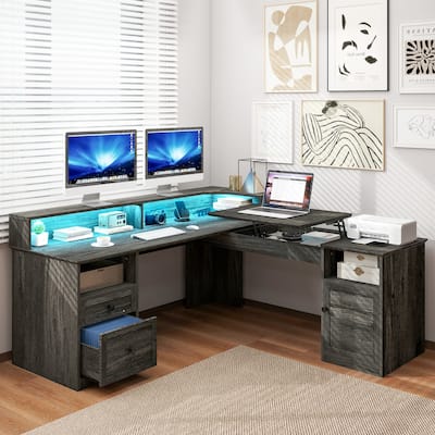 Moasis 59-inch L Shaped Desk with Lift Top and Power Outlets, Home Office LED Computer Desk with Storage Cabinet