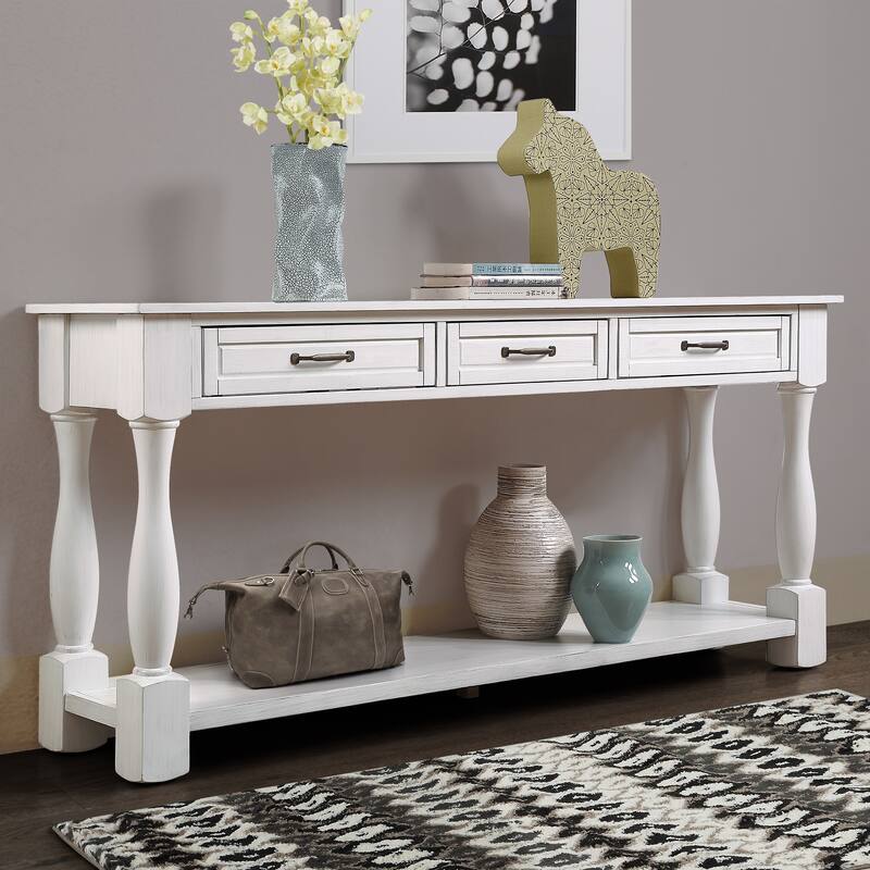 63inch Long Wood Console Table with 3 Drawers and 1 Bottom Shelf for Entryway Hallway Easy Assembly Extra-thick Sofa Table - Antique White