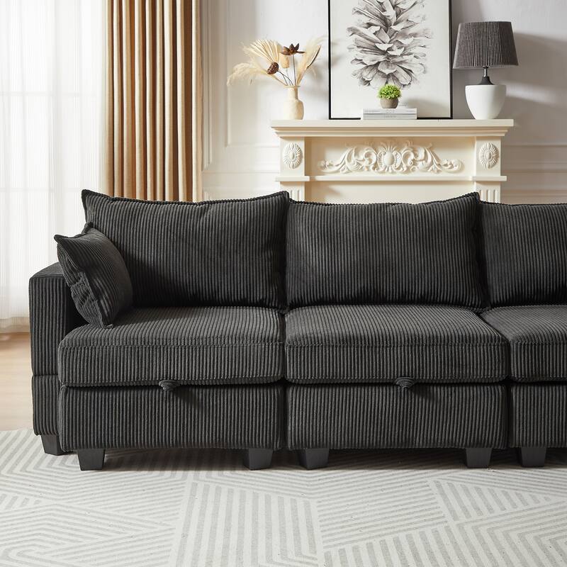 113.5" Corduroy U-Shaped Sectional Sofa with Storage Ottoman, 6-Seat Modular Design and Convertible Chaise
