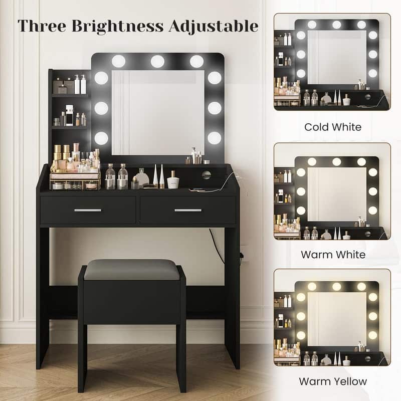 Makeup Vanity Desk with Mirror and Stool, Charging Station, 2 Drawers, 3 Shelves