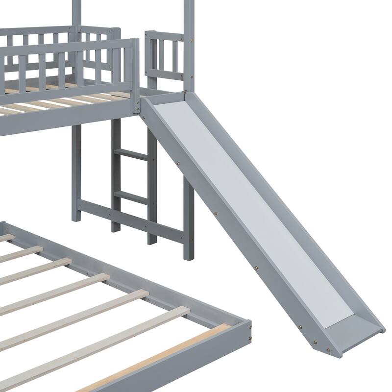 Kids Twin Over Full Bunk Bed with Slide, House Roof Design, and Built-in Ladder