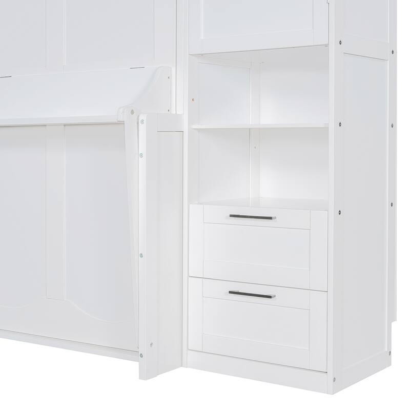 Queen Size Murphy Bed Hidden Wall Bed with Both Sides Closet Drawers and Storage Shelves, Space-Saving Versatile Murphy Bed