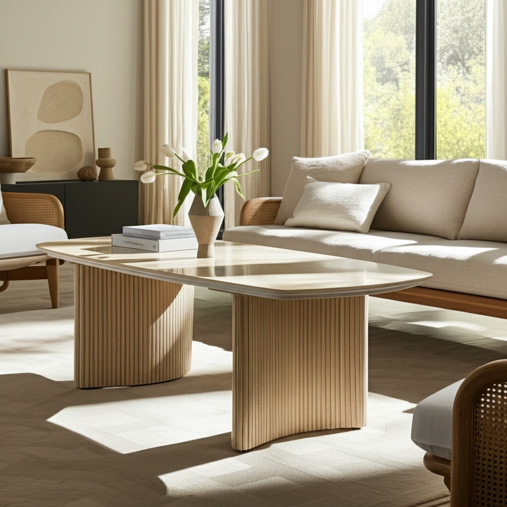 Wood Accent Table Fluted Base Curved Legs Modern Design Sculpted Frame