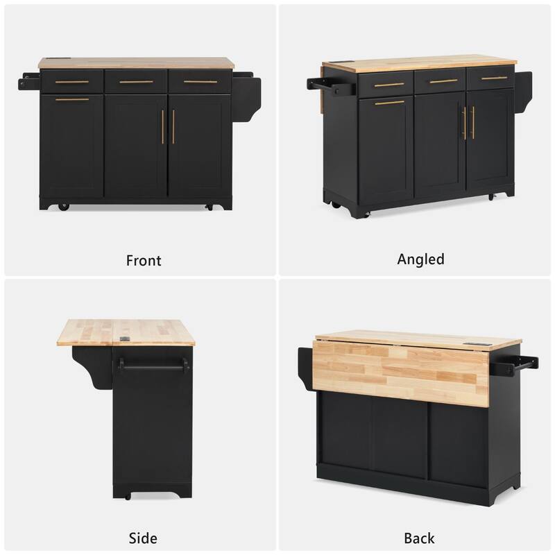 59.3" Rolling Kitchen Island with Drop Leaf, Power Outlet & Trash Can Storage