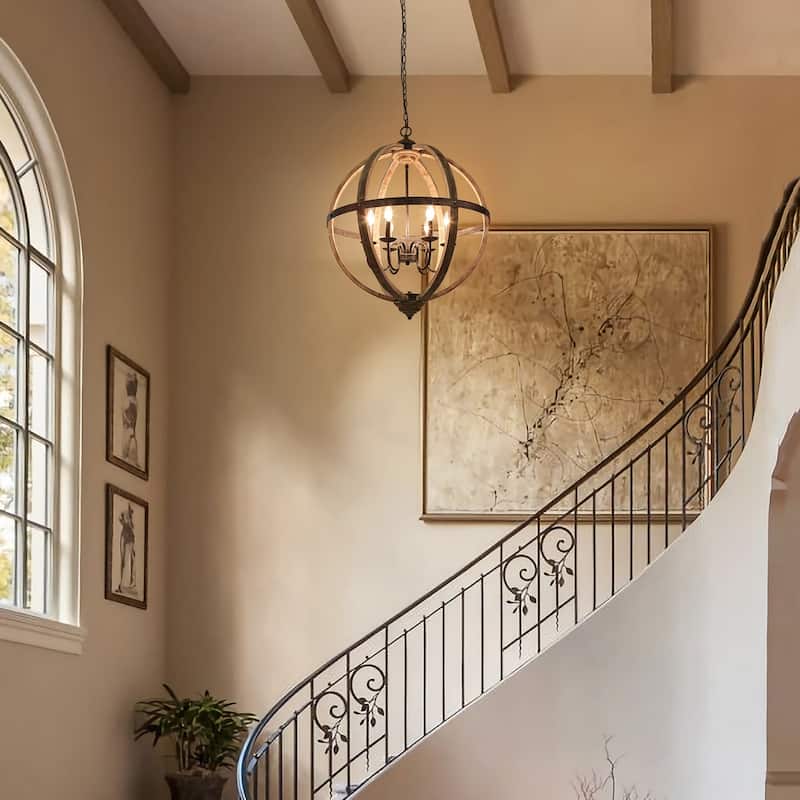 Azizon Farmhouse 6-Light Wood Chandelier Globe Lights for Living Dining Room Hallway