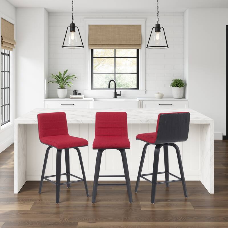 Skara Mid-Century Swivel Counter Stool, Upholstered Counter Height Chair with Bentwood Legs - Red Fabric & Black - Set of 3