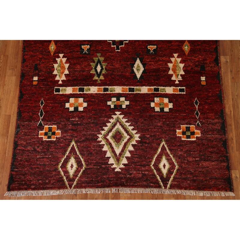 Hand Knotted Oriental 100% Wool Carpet Modern Tribal Red Moroccan Area Rug - 7' 9'' X 5' 8''