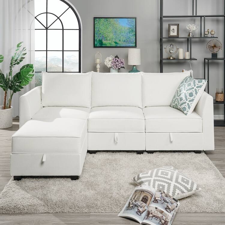 Modern L-Shaped DIY Convertible Modular Sectional Sofa Collection - Sofa with Ottoman, White Down