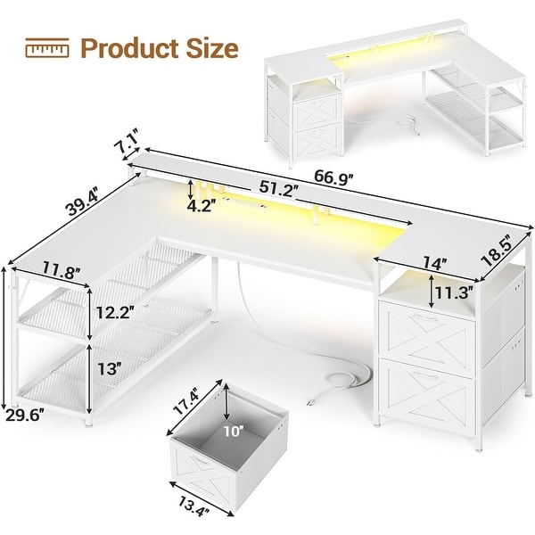dimension image slide 1 of 4, 67" L Gaming Shaped Desk Storage Shelves Power Outlet 2 Drawers
